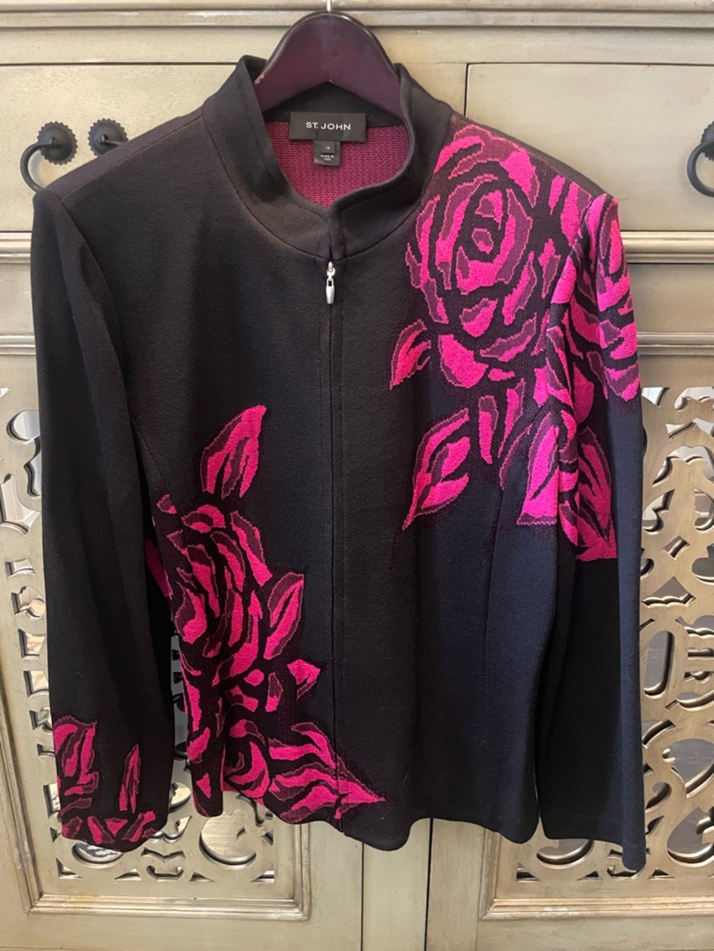 St. John Black Jacket with Pink RoseMotif